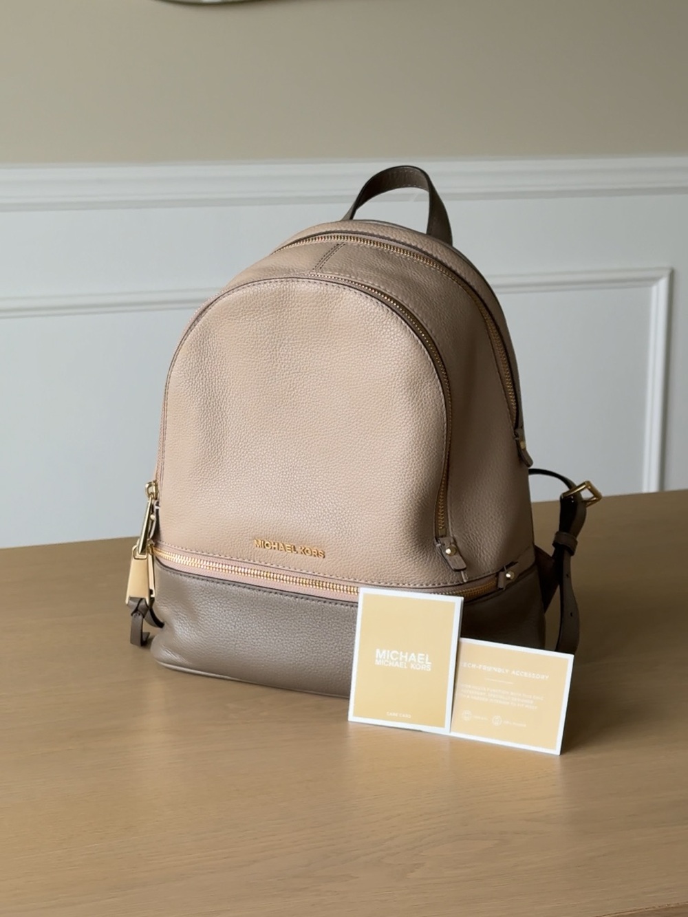 Michael Kors Two-Tone Taupe and Beige Leather Backpack